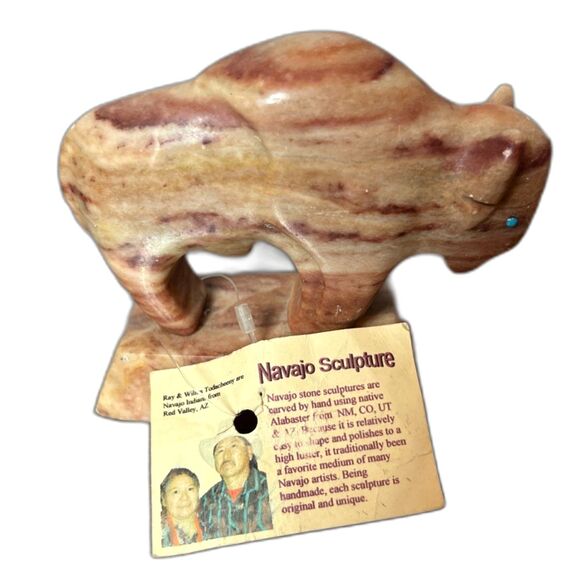 Navajo Bison Buffalo Carved Alabaster Stone Sculpture Artist Signed Todacheeny - Picture 2 of 7